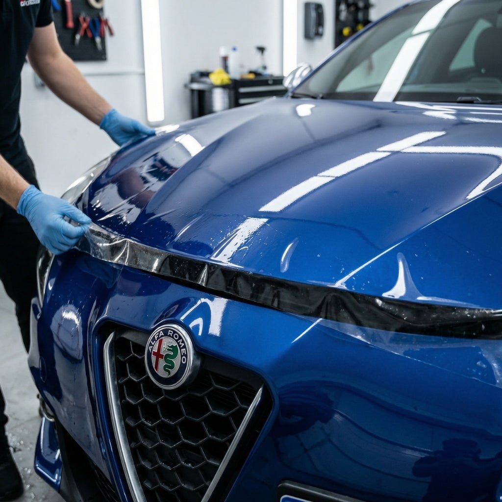 Wearing blue gloves, a person applies Transparent Glossy SelfRepair Nano-Coated PPF to the hood of a blue Alfa Romeo in a well-lit garage, providing invisible car protection.