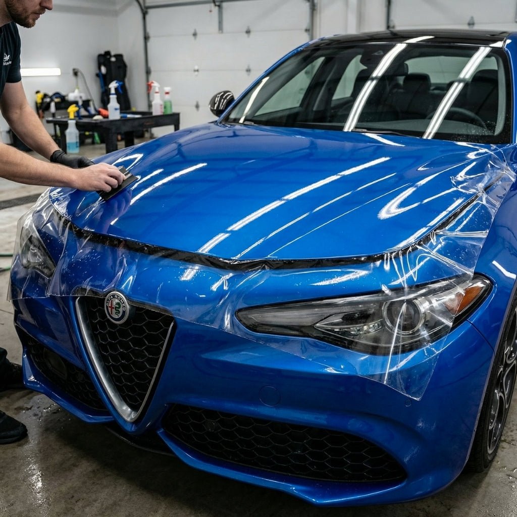 Someone applies Transparent Glossy SelfRepair Nano-Coated PPF to the hood of a blue Alfa Romeo in a garage, with detailing supplies visible in the background.