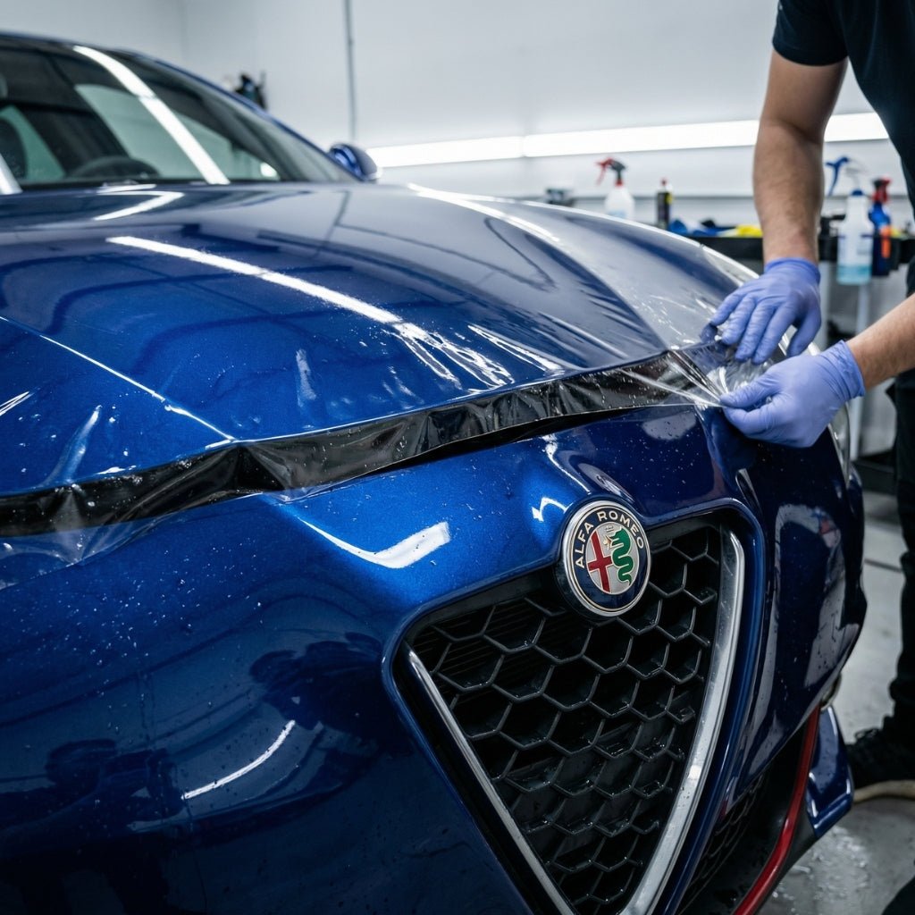 Wearing gloves, a person applies Transparent Glossy SelfRepair Nano-Coated PPF to the front hood of a blue Alfa Romeo in a brightly lit workshop, with cleaning supplies visible in the background.