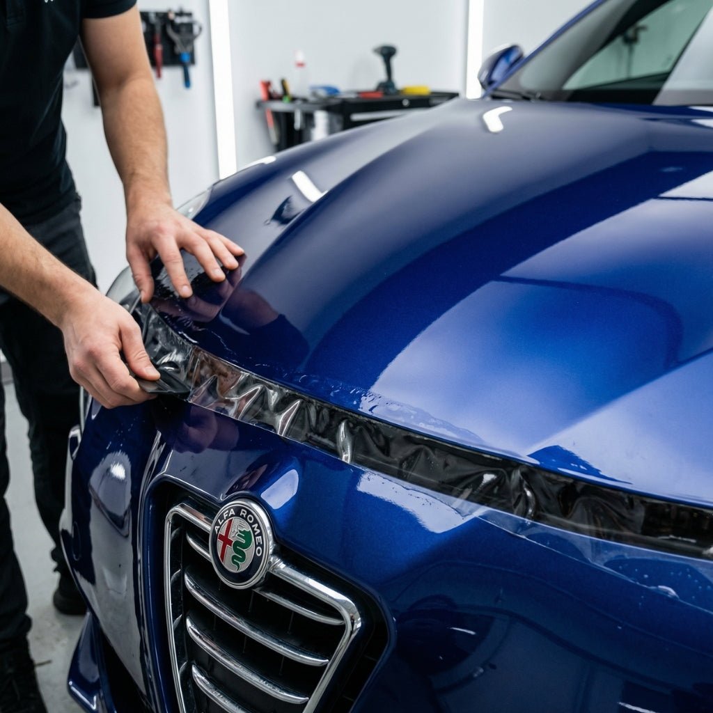 In a well-lit workshop, a person applies Transparent Glossy SelfRepair Nano-Coated PPF to the hood of a blue Alfa Romeo, carefully smoothing the film near the emblem for seamless, invisible car protection.