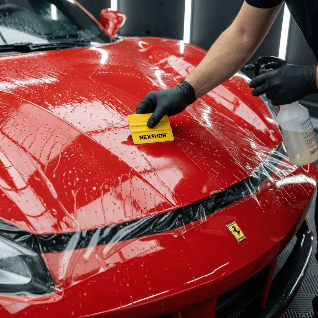 Wearing black gloves, a person applies Transparent Glossy SelfRepair Nano-Coated PPF to a red Ferrari’s hood with a yellow squeegee and spray bottle, water droplets on the surface showing its invisible car protection.