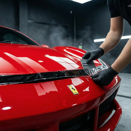 Wearing black gloves, a person uses a scraper tool to apply Transparent Glossy SelfRepair Nano-Coated PPF to the hood of a shiny red Ferrari in a garage, with steam highlighting the car’s glossy finish and invisible protection.