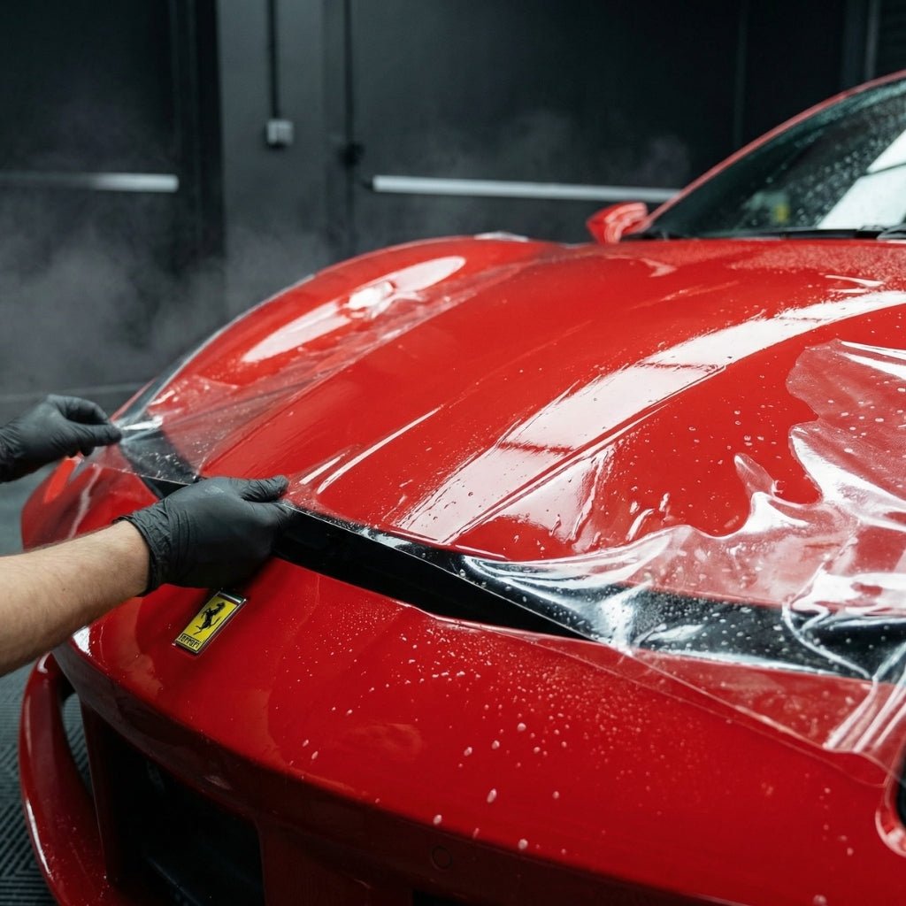Wearing black gloves, a person applies Transparent Glossy SelfRepair Nano-Coated PPF to the hood of a shiny red Ferrari in a garage, ensuring invisible protection for the car’s pristine finish.