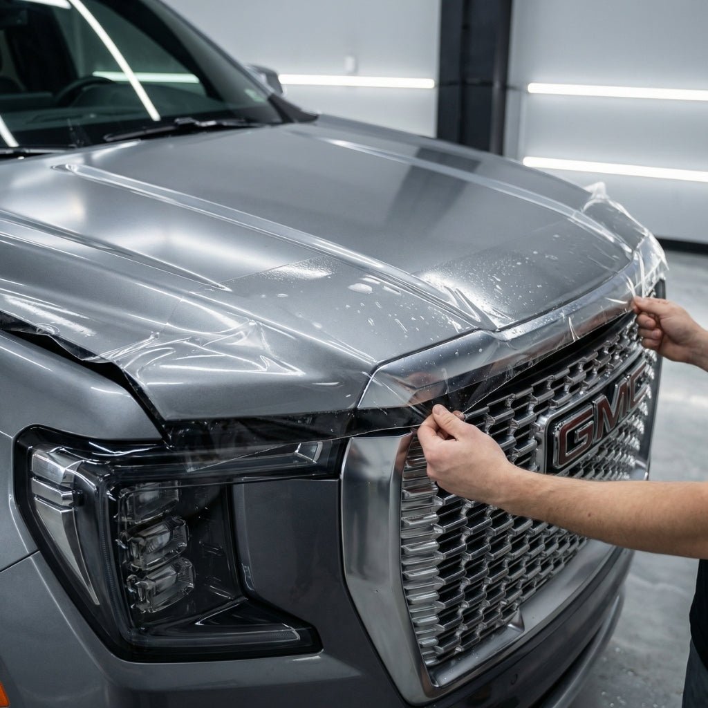 A person applies Transparent Glossy SelfRepair Nano-Coated PPF to the front hood and grille of a silver GMC truck in a well-lit garage, providing invisible car protection.