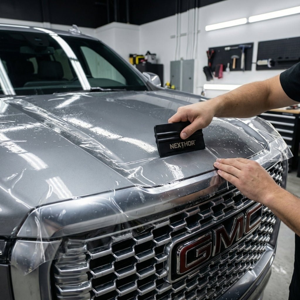 A person applies Transparent Glossy SelfRepair Nano-Coated PPF to the hood of a silver GMC truck, using a Nexthor tool to smooth the film in an auto workshop.