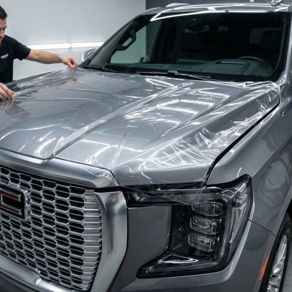 A person applies Transparent Glossy SelfRepair Nano-Coated PPF to the hood of a silver SUV in a well-lit garage, carefully smoothing the invisible protection film for flawless, bubble-free coverage.
