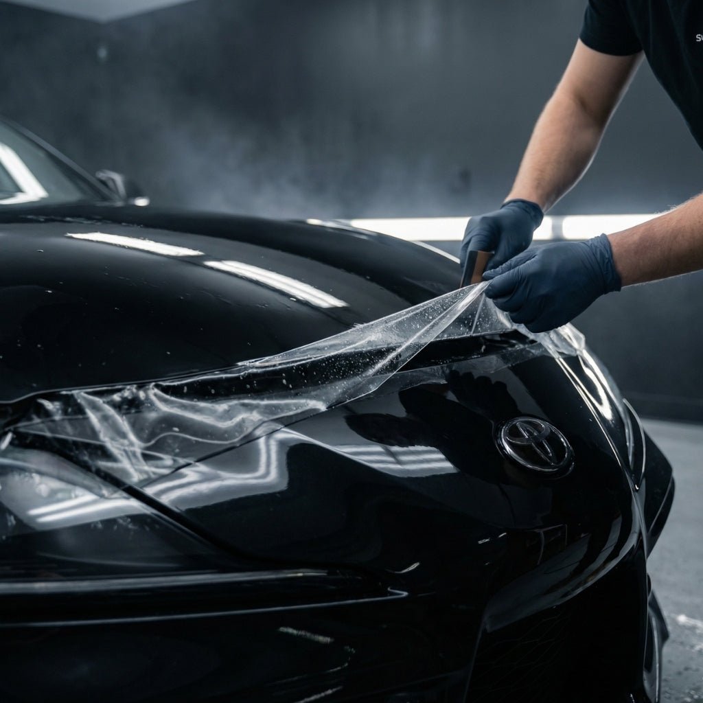 Wearing gloves, a person applies Transparent Glossy SelfRepair Nano-Coated PPF to the hood of a shiny black Toyota in a workshop with dark walls and bright lighting.