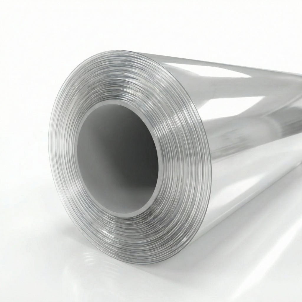 A large roll of Transparent Glossy SelfRepair Nano-Coated PPF is displayed on a white background, with the clear, shiny film tightly wound around a gray inner core.