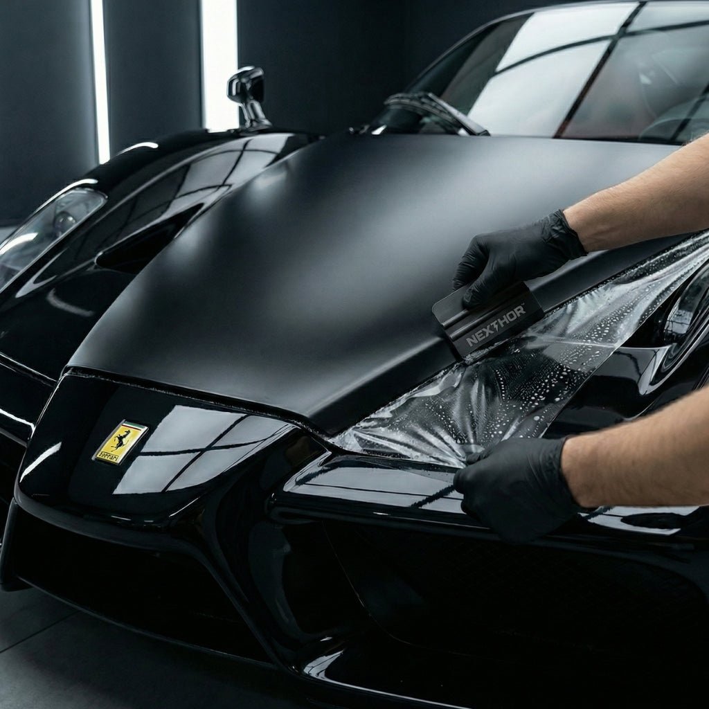 Wearing black gloves, a person applies Transparent Matte SelfRepair Nano-Coated PPF to the hood of a sleek black Ferrari inside a modern detailing studio.
