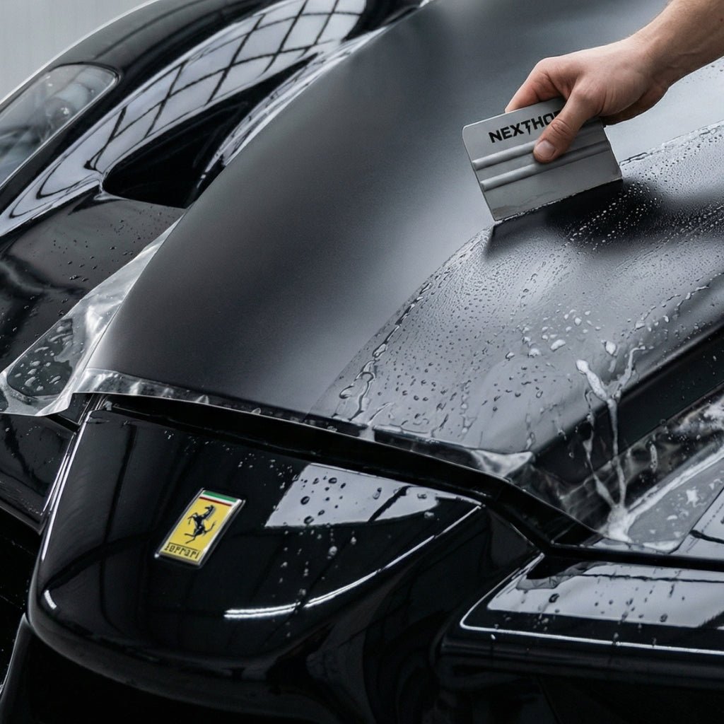 A person uses a squeegee labeled “Nexthos” to apply Transparent Matte SelfRepair Nano-Coated PPF onto the hood of a sleek black Ferrari, with water droplets glistening on the surface.