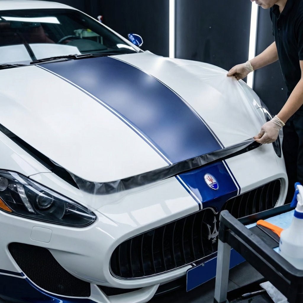 A person applies Transparent Matte SelfRepair Nano-Coated PPF to the hood of a white Maserati sports car with blue racing stripes in a detailing workshop.