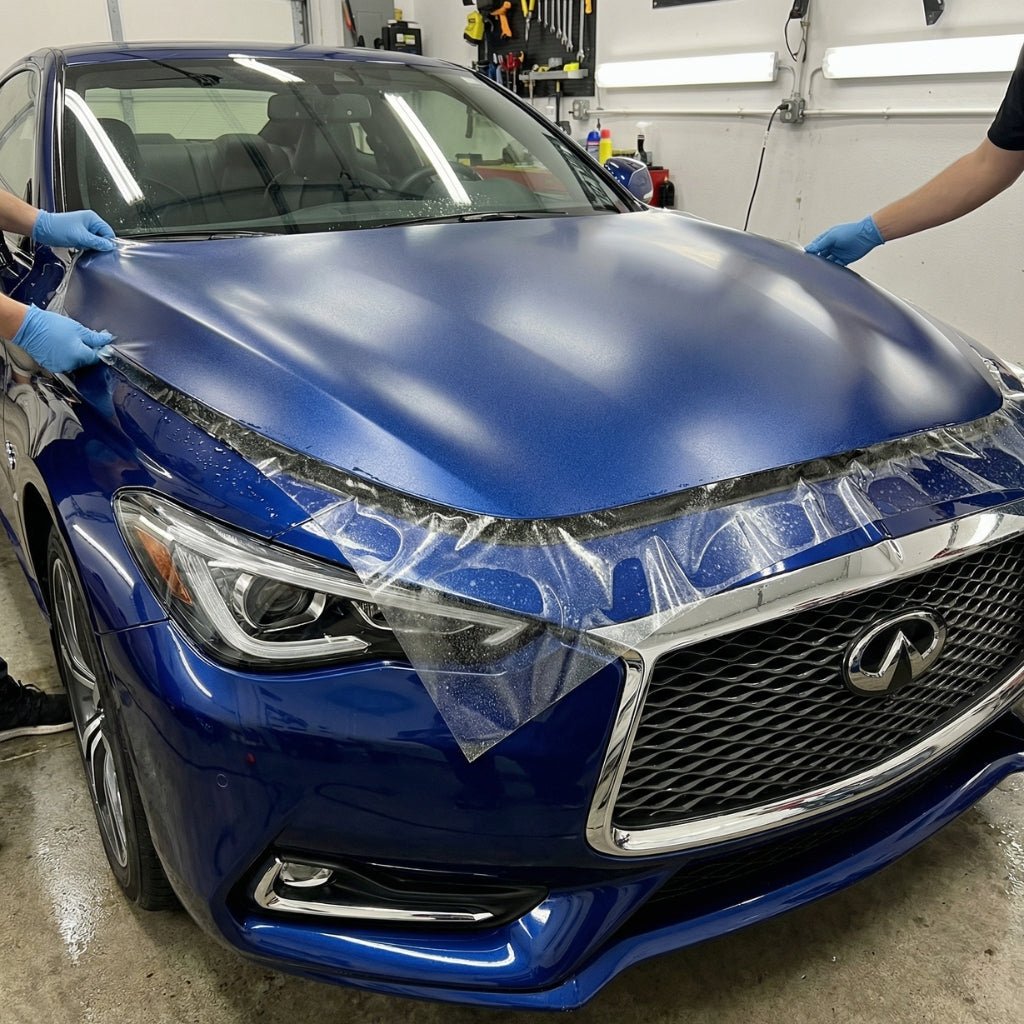 Two people in blue gloves apply Transparent Matte Sparkle SelfRepair Nano-Coated PPF to the hood of a blue Infiniti sedan inside a garage.