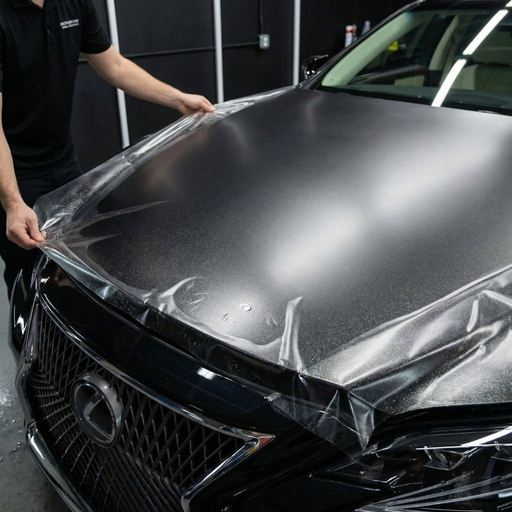 A person is applying Transparent Matte Sparkle SelfRepair Nano-Coated PPF to the hood of a black Lexus in a garage, carefully smoothing the protective film to ensure full coverage.
