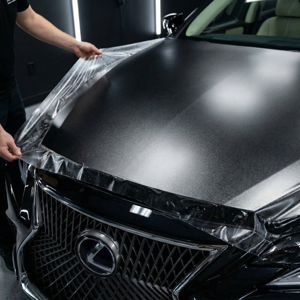 A person is applying Transparent Matte Sparkle SelfRepair Nano-Coated PPF to the hood of a black Lexus inside a well-lit garage or workshop.