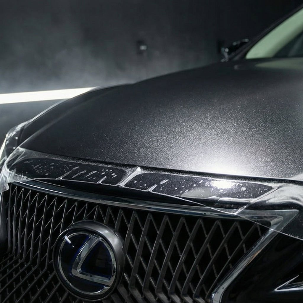 Close-up of the front hood and grille of a black Lexus, with the Lexus emblem and a matte, sparkling finish enhanced by Transparent Matte Sparkle SelfRepair Nano-Coated PPF. Bright indoor lighting highlights its superior protection and impeccable appearance.
