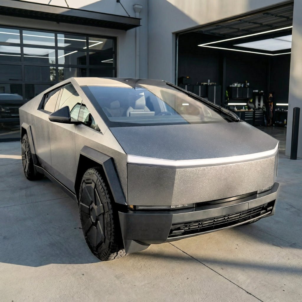 A silver Tesla Cybertruck with angular design is parked by a modern garage, its surface protected by Transparent Matte Sparkle SelfRepair Nano-Coated PPF for advanced and durable matte finish.