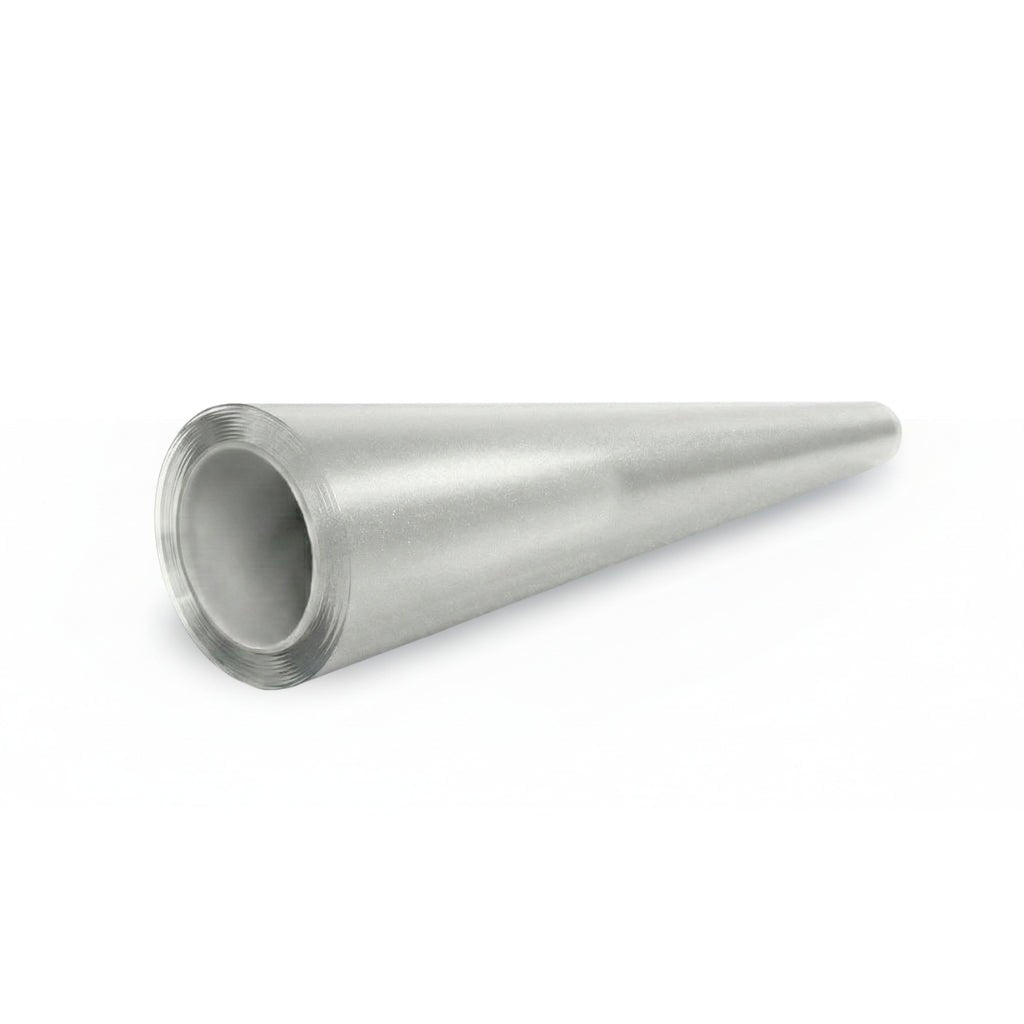 A rolled sheet of Transparent Matte Sparkle SelfRepair Nano-Coated PPF, forming a hollow conical tube with wide and narrow ends on a white background, highlights innovative self-repairing nanotechnology.