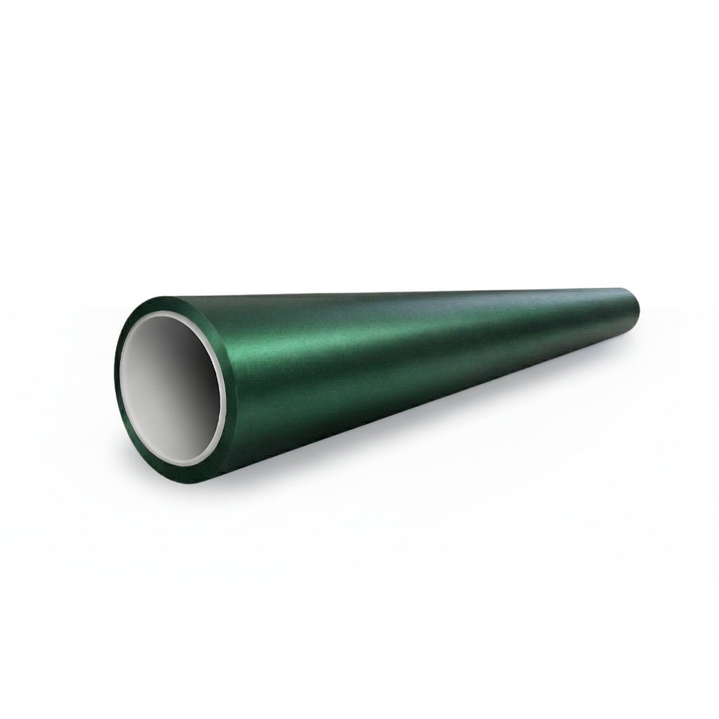 A green, metallic, hollow cylindrical tube with a flared end rests on a white background—its finish resembles Deep Emerald Satin Self-Healing Nano-Coated PPF, offering advanced paint protection and scratch resistance.