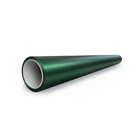 A green, metallic, hollow cylindrical tube with a flared end rests on a white background—its finish resembles Deep Emerald Satin Self-Healing Nano-Coated PPF, offering advanced paint protection and scratch resistance.