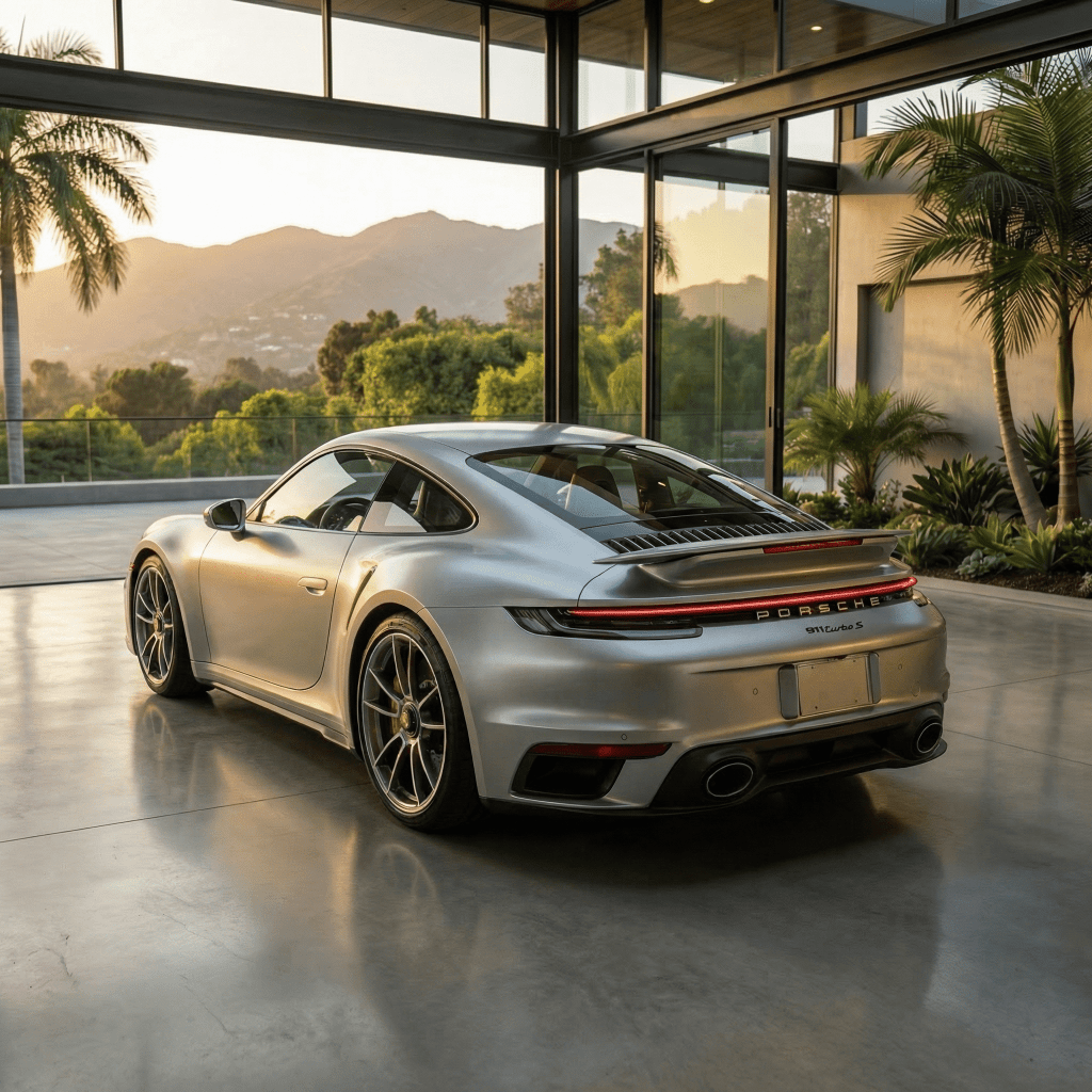 A silver Porsche sports car with Satin Liquid Metallic Silver SelfRepair Nano-Coated PPF is parked in a modern glass-walled garage, as palm trees and scenic mountains are visible outside at sunset.