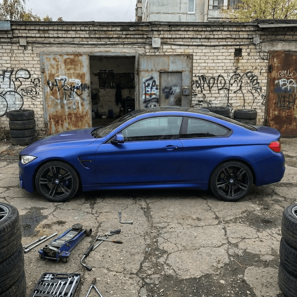 A sports car in matte blue, protected by Satin Liquid Metallic Blue SelfRepair Nano-Coated PPF, is parked next to a rundown garage with graffiti. Tires, tools, and a car jack lie scattered across the cracked pavement nearby.