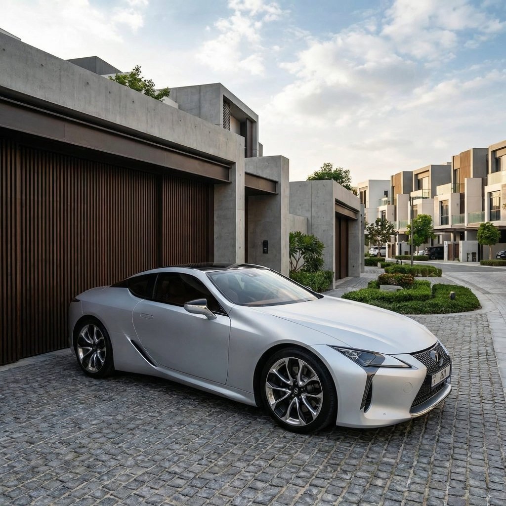 A luxury silver sports car with Satin Ceramic White SelfRepair Nano-Coated PPF is parked on a cobblestone driveway in front of modern minimalist houses, featuring large wooden garage doors and trimmed greenery.