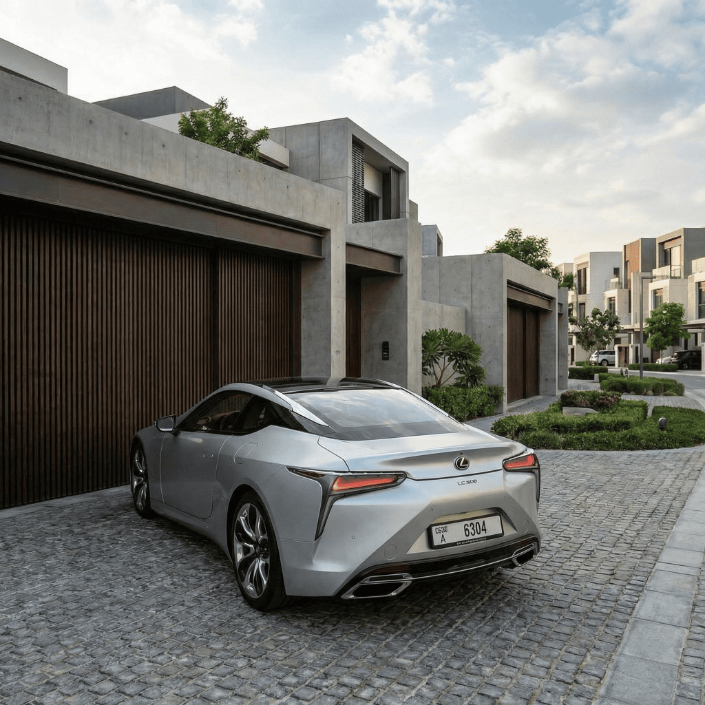 A sleek silver Lexus sports car, protected with Satin Ceramic White SelfRepair Nano-Coated PPF, is parked before a modern home featuring large wooden garage doors on a cobblestone driveway in a contemporary neighborhood.