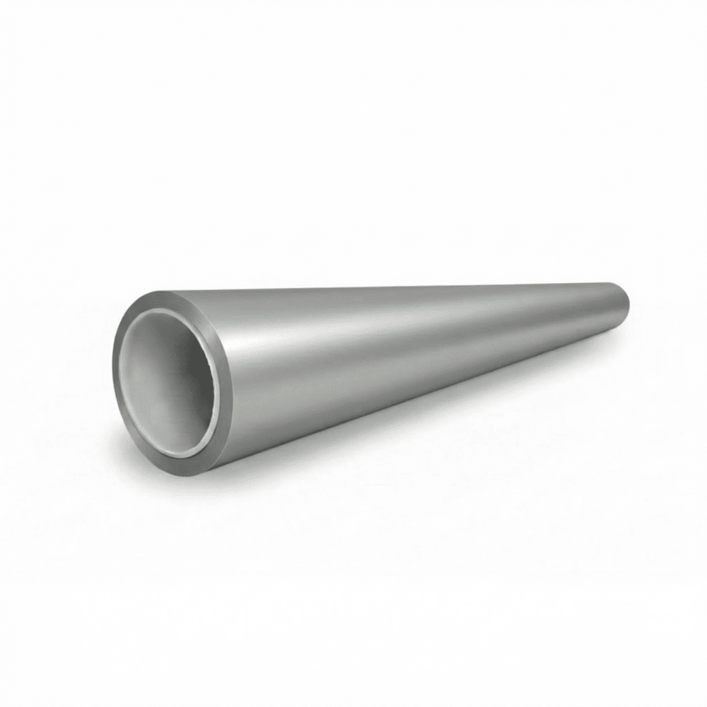 A metallic, hollow, cone-shaped pipe finished in Satin Aluminum Mercury SelfRepair Nano-Coated PPF lies on a white surface, its wide opening facing the viewer while the narrow end extends into the distance.