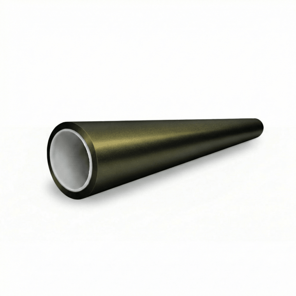 A black, metallic-finished cylindrical tube, wider at one end and narrowing at the other, features a Satin Gold Green SelfRepair Nano-Coated PPF shade and rests elegantly on a white surface.