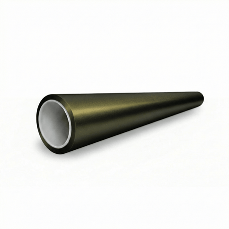 A black, metallic-finished cylindrical tube, wider at one end and narrowing at the other, features a Satin Gold Green SelfRepair Nano-Coated PPF shade and rests elegantly on a white surface.