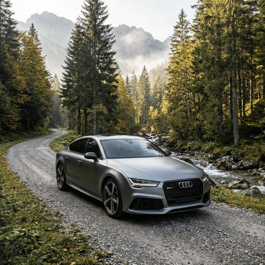A silver Audi, protected by Satin Liquid Metallic Gray SelfRepair Nano-Coated PPF, is parked on a gravel road amid dense pines, with a river nearby and misty mountains in the background.