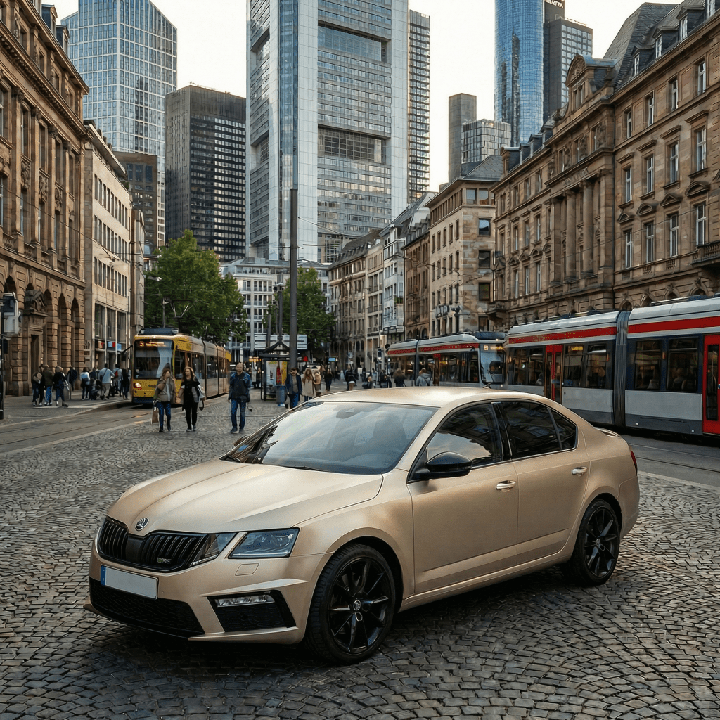 A beige sedan with black rims wrapped in Satin Twilight Gold SelfRepair Nano-Coated PPF is parked on a cobblestone street among city skyscrapers and historic buildings, while pedestrians and trams pass by.