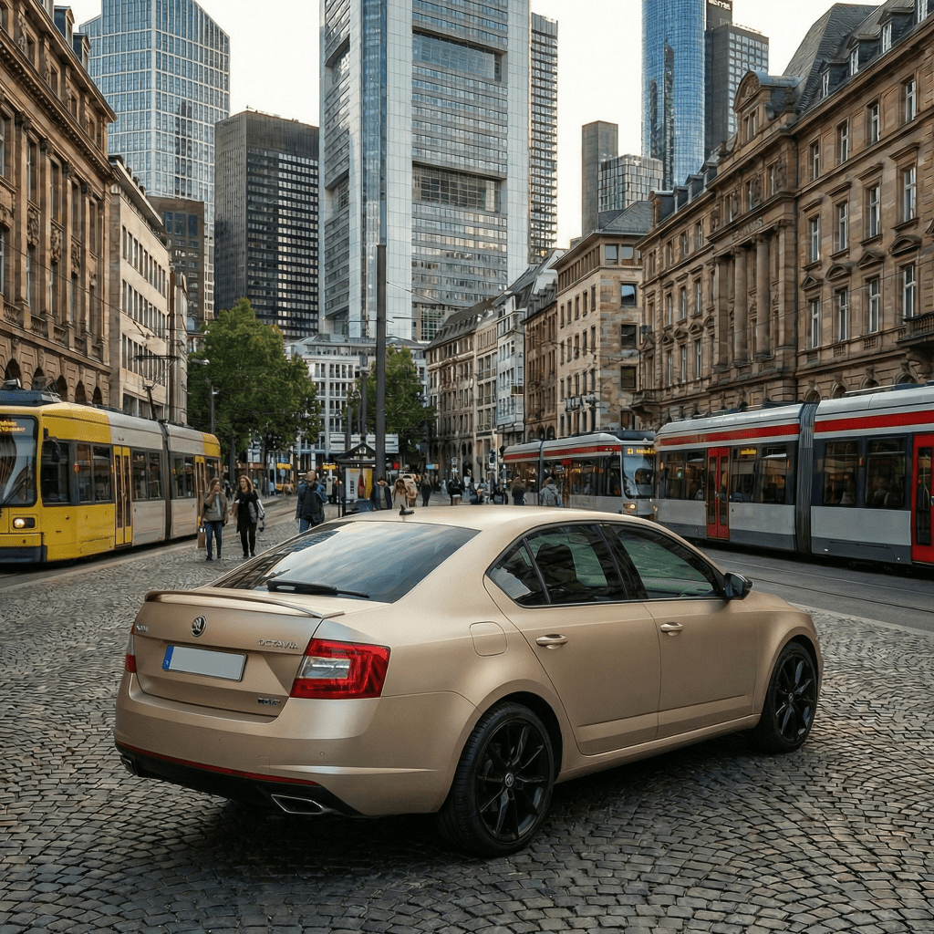 A beige sedan with Satin Twilight Gold SelfRepair Nano-Coated PPF is parked on a cobblestone street in the city center, surrounded by modern skyscrapers, historic buildings, and passing trams.