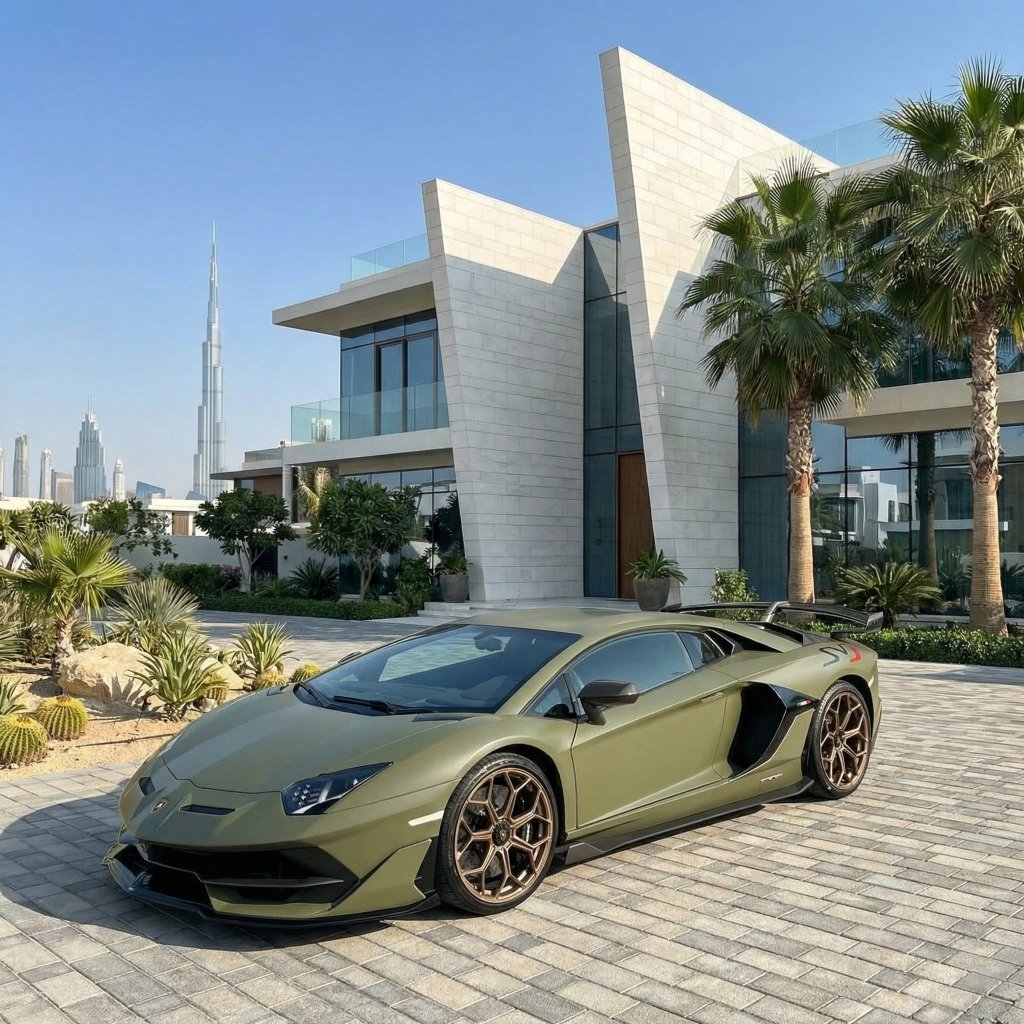 A Lamborghini in Satin Khaki Green SelfRepair Nano-Coated PPF is parked on a stone driveway before a modern luxury house, with large glass windows, palm trees, and the Burj Khalifa visible in the distant skyline.