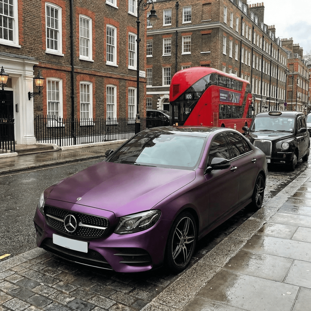 A Mercedes-Benz wrapped in Satin Black Pinot Purple SelfRepair Nano-Coated PPF is parked on a wet city street, framed by a red double-decker bus and black taxi, with tall brick buildings under an overcast sky.