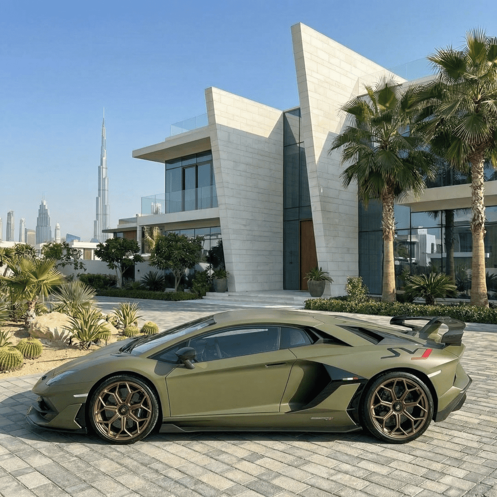 A sports car wrapped in Satin Khaki Green SelfRepair Nano-Coated PPF is parked on a stone driveway before a modern white mansion and palm trees, with the Burj Khalifa rising against the blue sky.