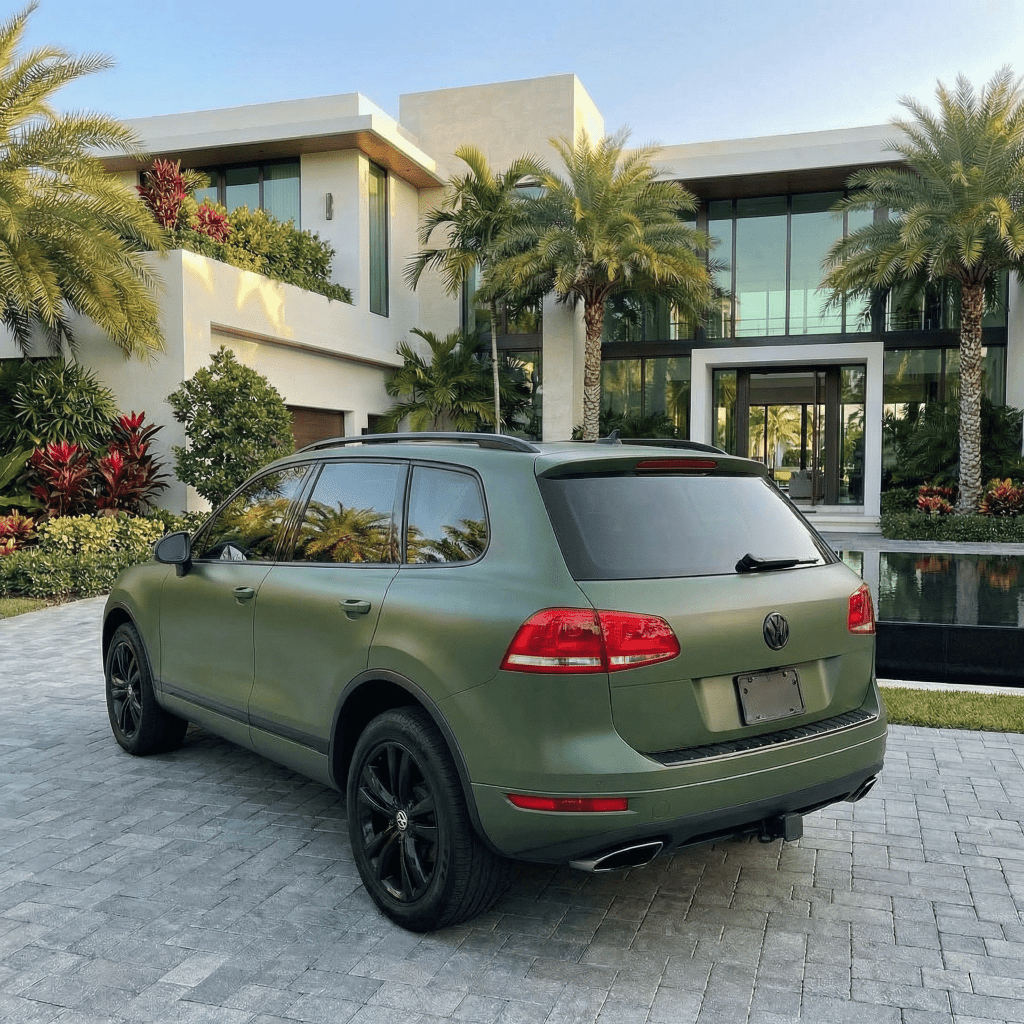 A Satin Army Green SUV with black wheels sits on a cobblestone driveway before a modern white luxury house, protected by Satin Army Green SelfRepair Nano-Coated PPF, surrounded by palm trees and lush landscaping.
