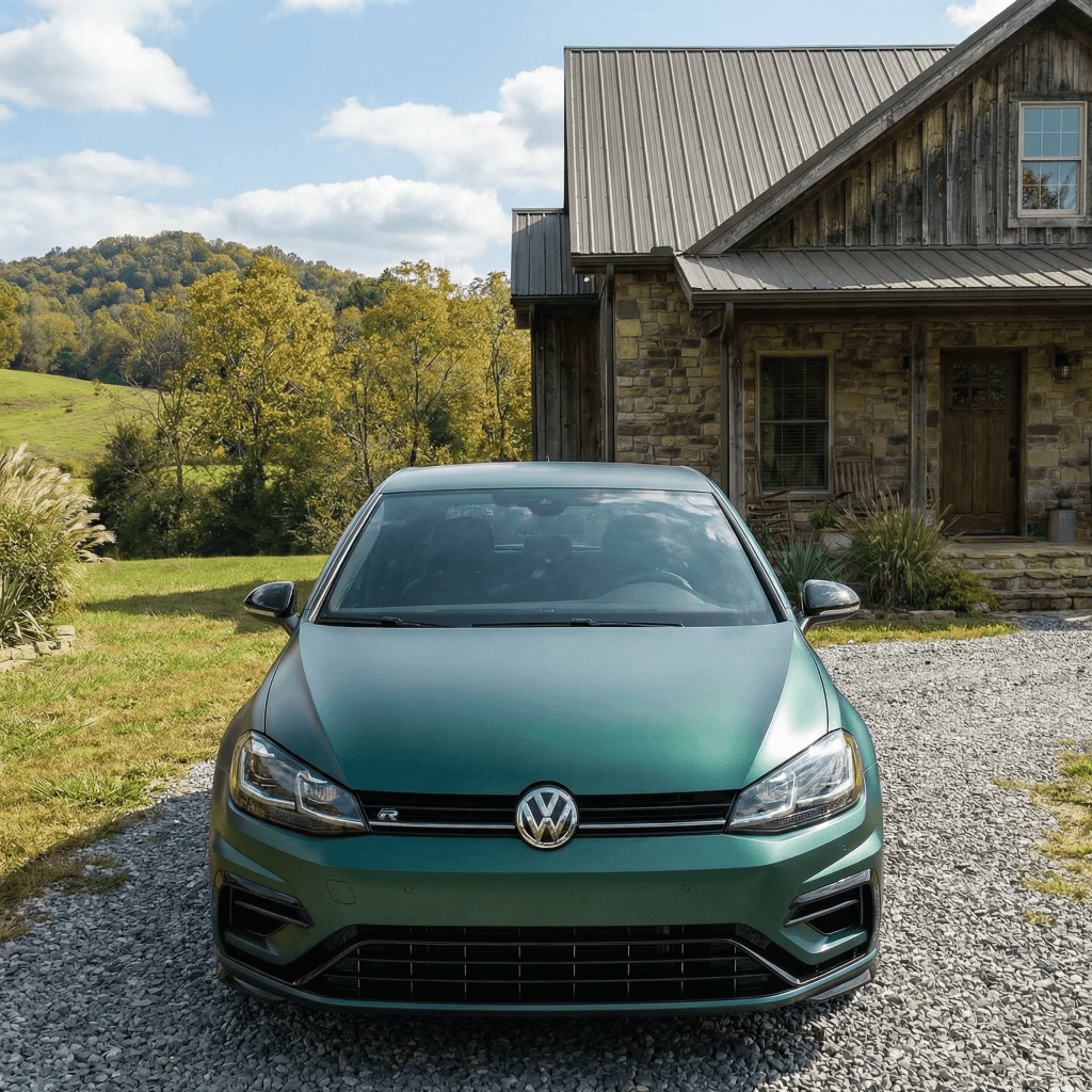 A Volkswagen featuring Satin Venom Green SelfRepair Nano-Coated PPF is parked on a gravel driveway before a rustic wooden house with a metal roof, surrounded by lush grass and trees under sunny skies.