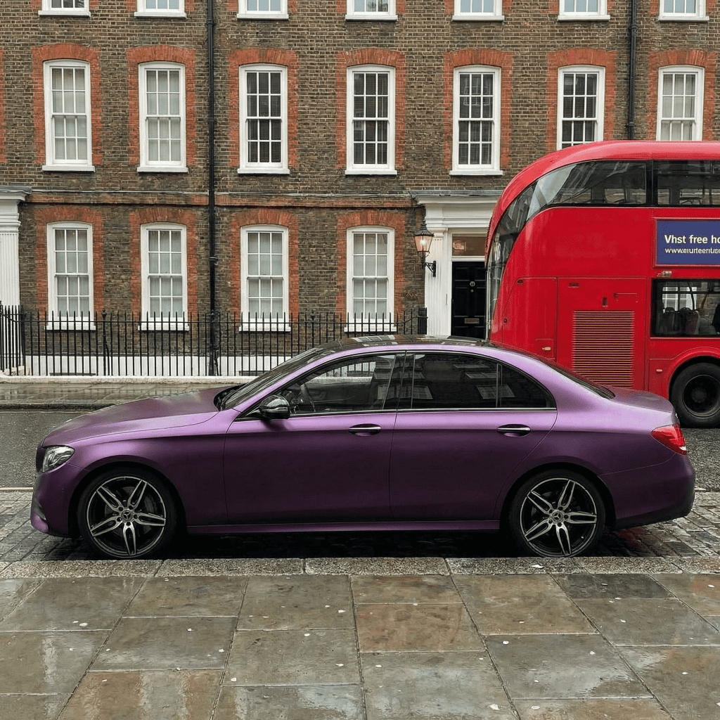 A sedan wrapped in Satin Black Pinot Purple SelfRepair Nano-Coated PPF is parked on a wet street before a brick building with white windows as a red double-decker bus passes by on a cloudy day.
