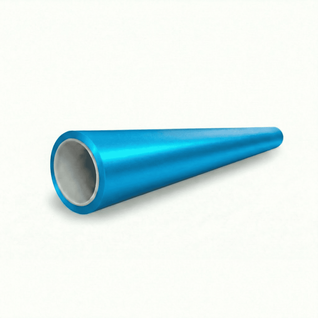 A sleek, metallic blue cone with a hollow center and tapered end in Satin Santorini Blue Matte rests on a white background—showcasing the finish of the Satin Santorini Blue SelfRepair Nano-Coated PPF.