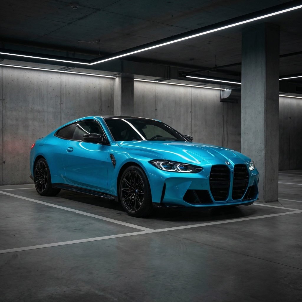 A vibrant Satin Santorini Blue sports car wrapped in Satin Santorini Blue SelfRepair Nano-Coated PPF is parked in a modern, dimly lit concrete garage, illuminated by sleek overhead lighting with empty parking spaces nearby.