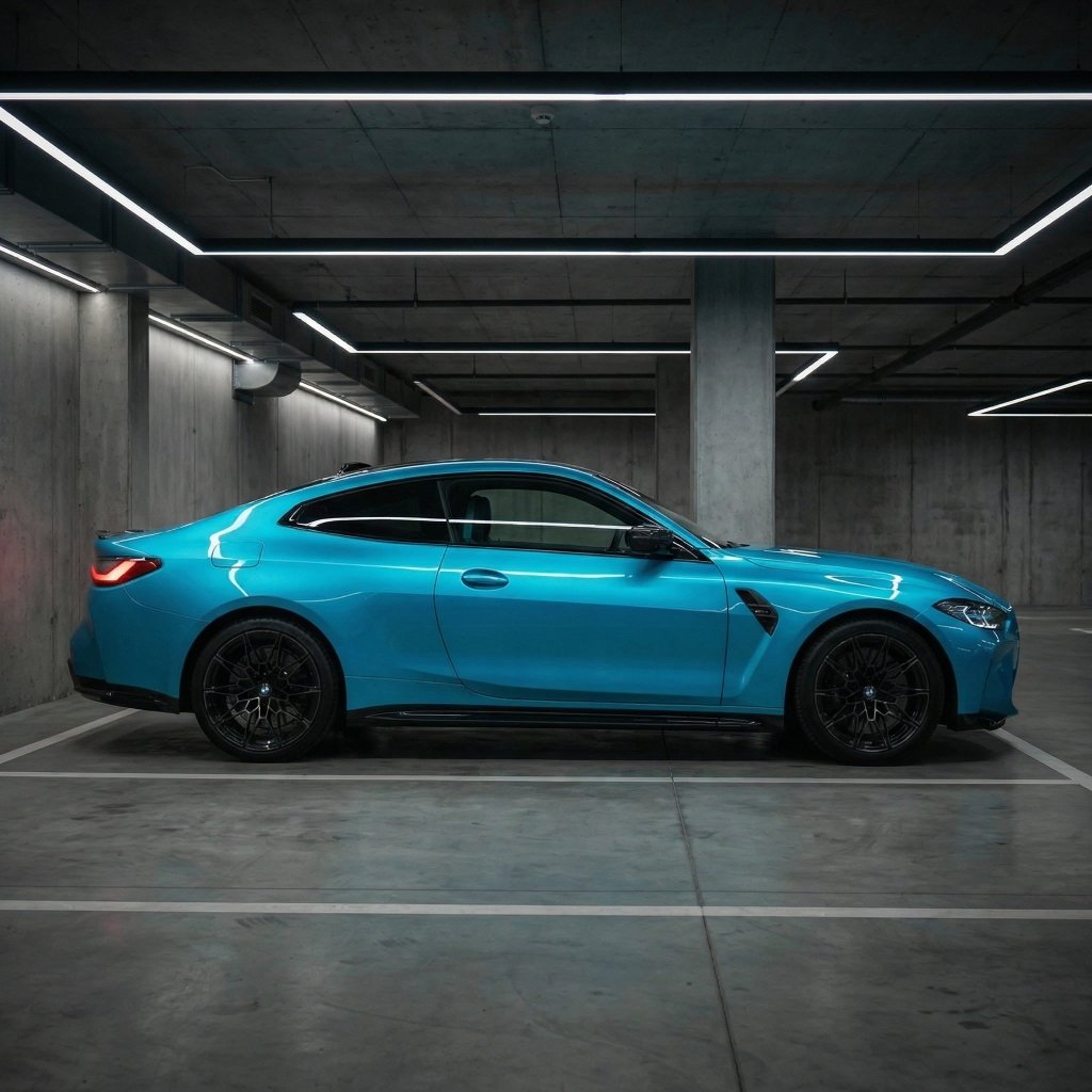 A blue sports coupe with Satin Santorini Blue SelfRepair Nano-Coated PPF is parked in a modern concrete underground garage, featuring black alloy wheels and sleek, angular lighting overhead.