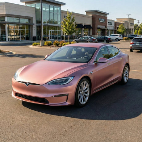 A pink Tesla sedan wrapped in Satin Rose Gold SelfRepair Nano-Coated PPF is parked in an empty shopping center lot on a sunny day, with stores and trees visible in the background.