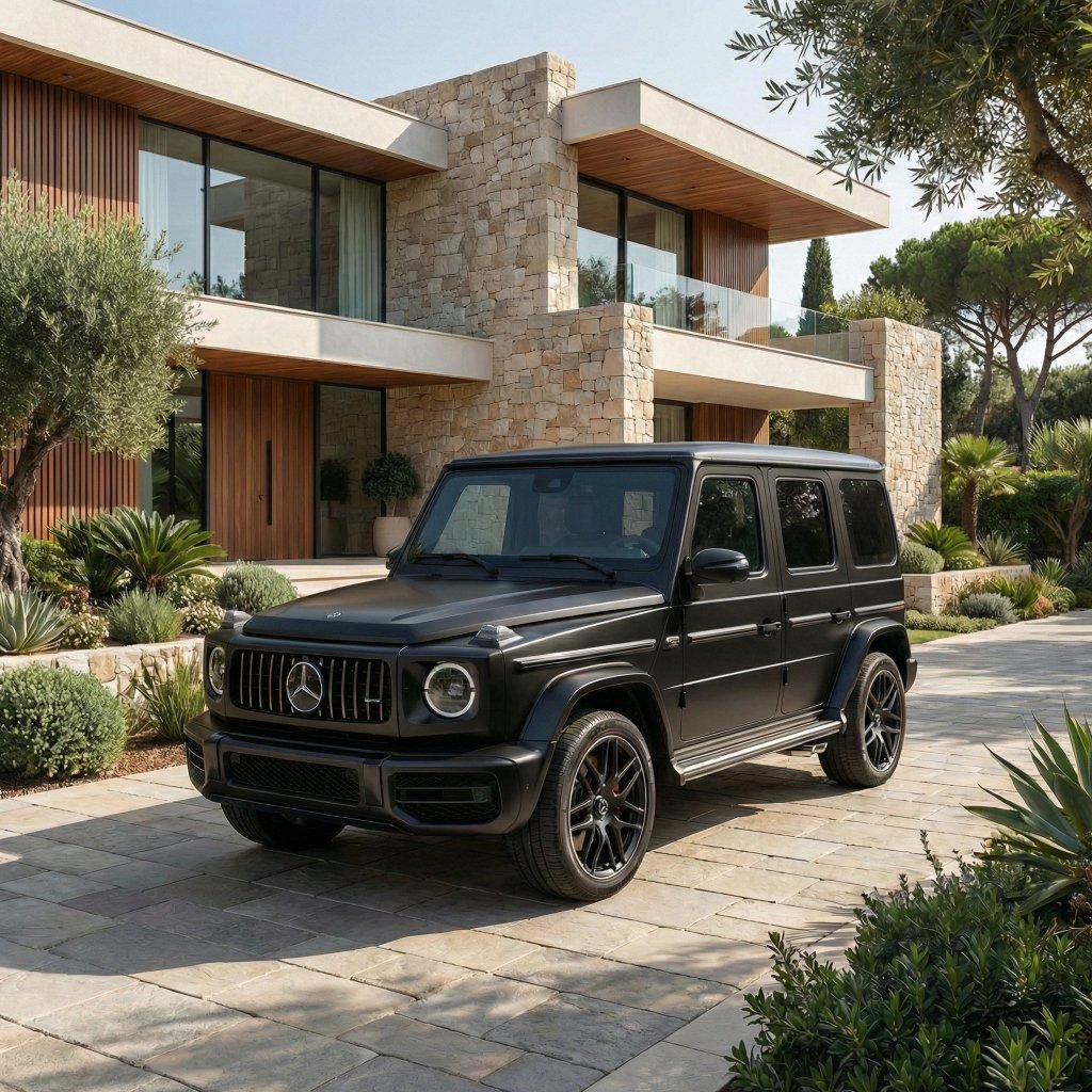 A Mercedes-Benz G-Class SUV in Satin Stealth Black with Satin Sealth Black SelfRepair Nano-Coated PPF is parked on a stone driveway before a modern house featuring large windows, wooden accents, and lush greenery.