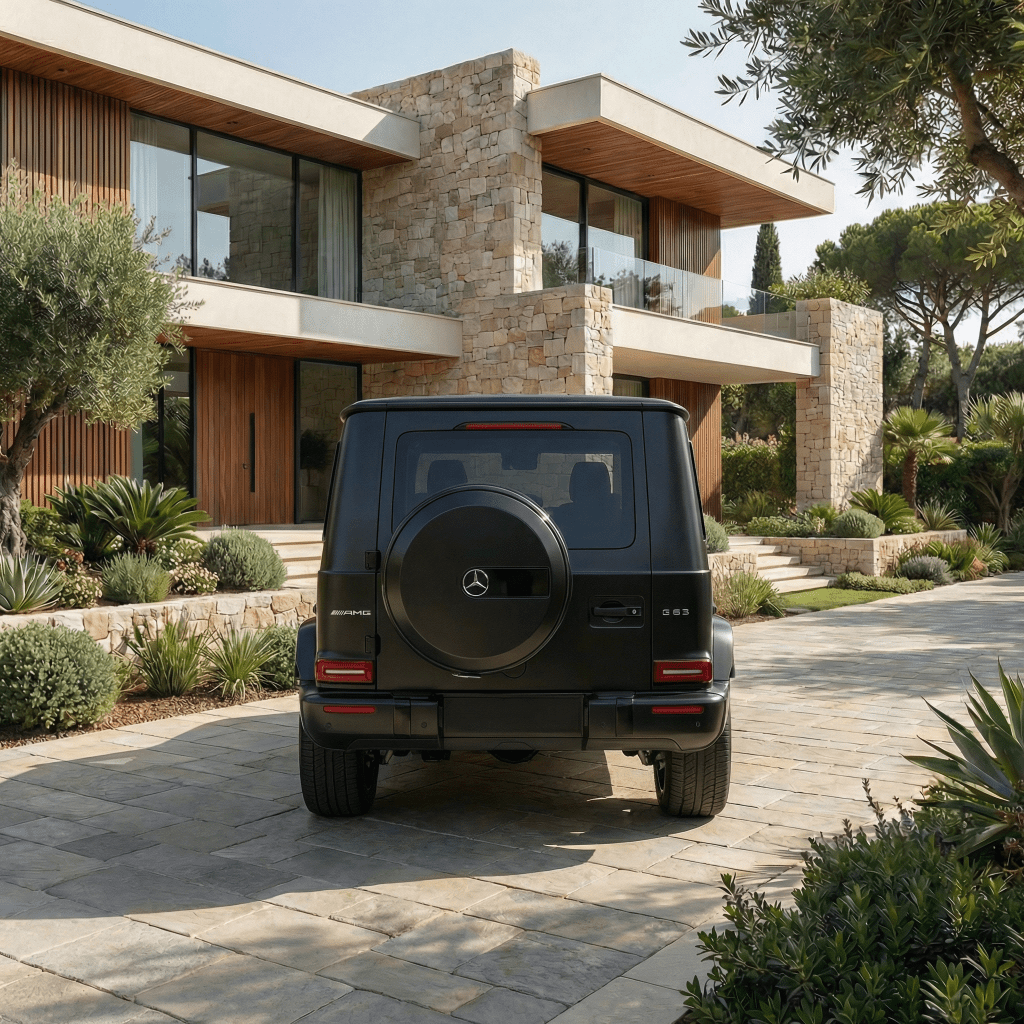 A black Mercedes-Benz G-Class SUV in Satin Stealth Black Matte with Satin Sealth Black SelfRepair Nano-Coated PPF is parked on a stone driveway in front of a modern two-story house with large windows and landscaped greenery.