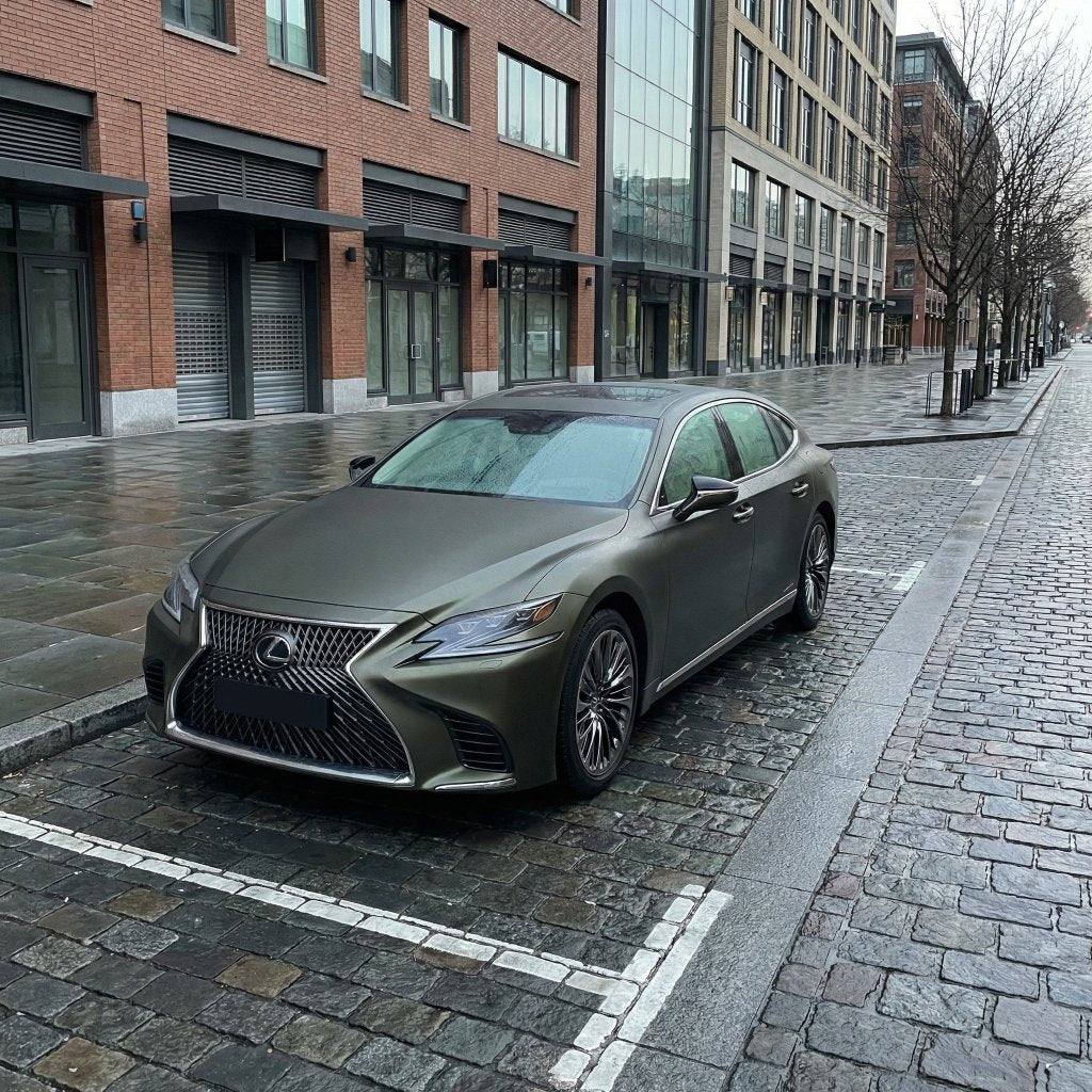 A Lexus sedan in Satin Titan Olive SelfRepair Nano-Coated PPF is parked on a rain-soaked cobblestone street amid modern brick and glass buildings. The self-healing film protects the paint, and the quiet area feels serene under cloudy skies.