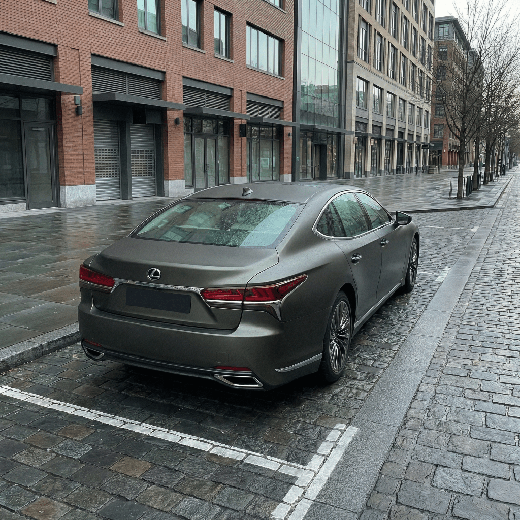 A grey sedan with a Satin Titan Olive SelfRepair Nano-Coated PPF is parked on a wet cobblestone street next to a modern building with large windows and brick walls; bare trees line the sidewalk under an overcast sky.