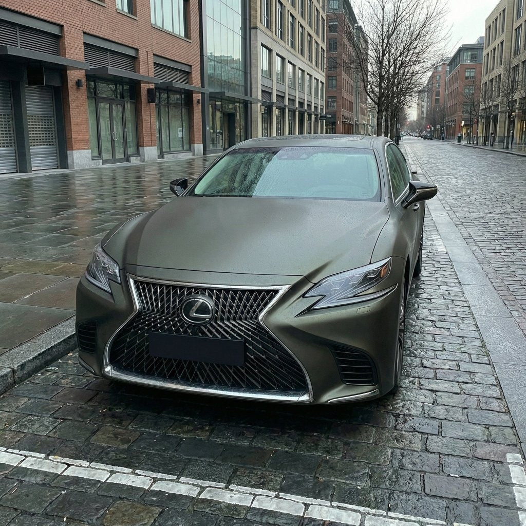 A Lexus sedan wrapped in Satin Titan Olive SelfRepair Nano-Coated PPF is parked on a cobblestone street flanked by modern buildings and bare trees under a cloudy sky.