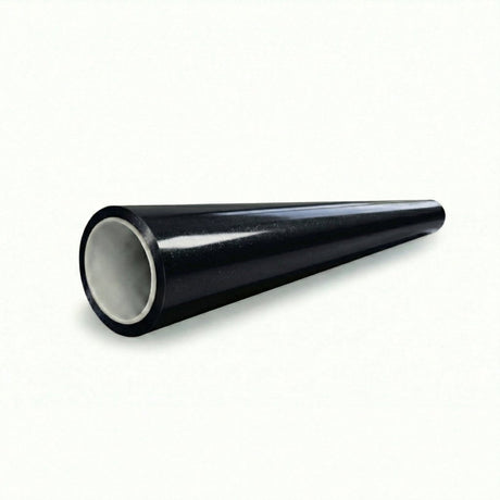 A black, cylindrical pipe with a glossy finish, similar to the Diamond Havana Black Glossy SelfRepair Nano-Coated PPF, is displayed on a white background and viewed from an angle near its wide open end.