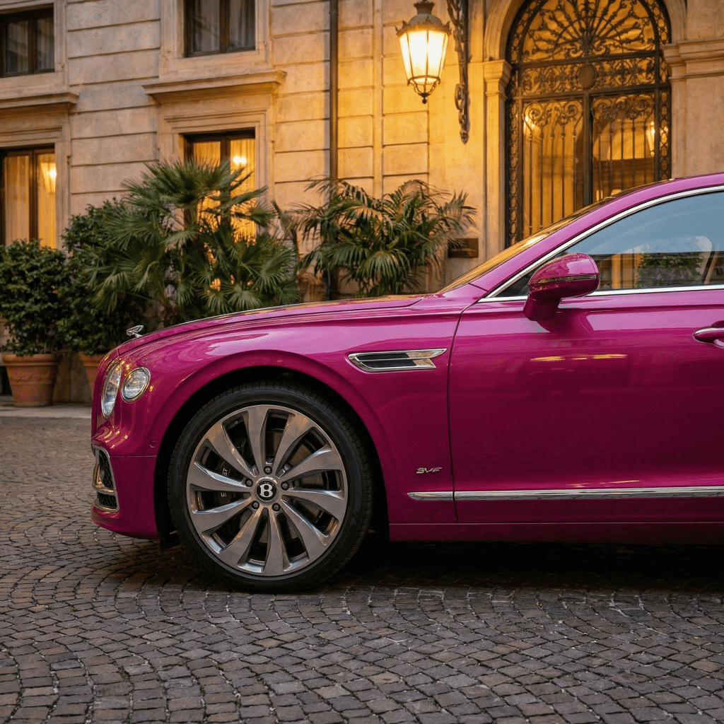 A bright pink luxury Bentley, protected by Gem Red Glossy SelfRepair Nano-Coated PPF, is parked on a cobblestone street before an elegant building with large windows, potted plants, and warm outdoor lighting.